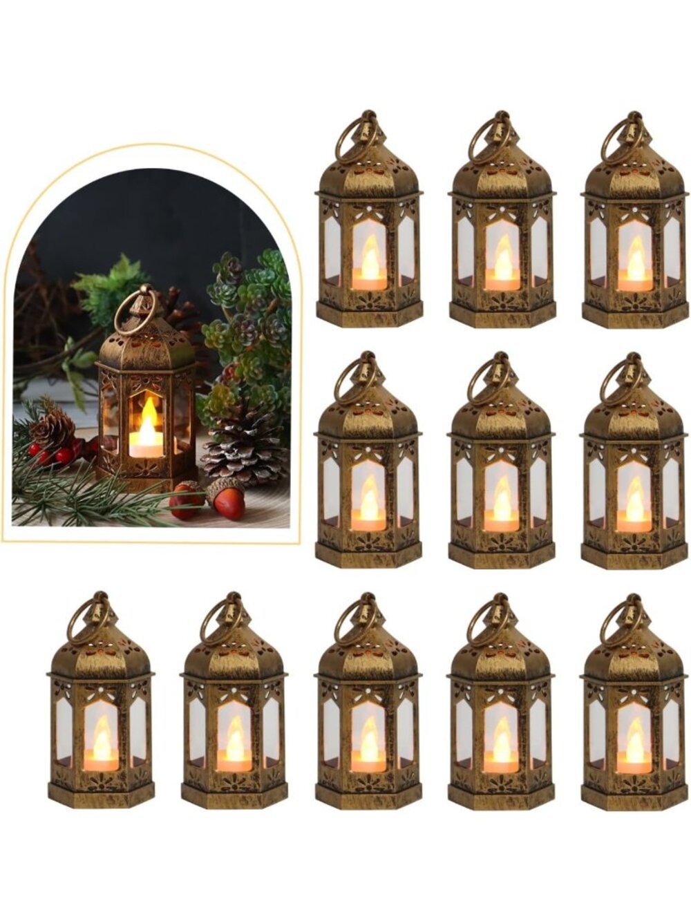 8Pcs Vintage Mini Lanterns with LED Tealights - Decorative Hanging Candle